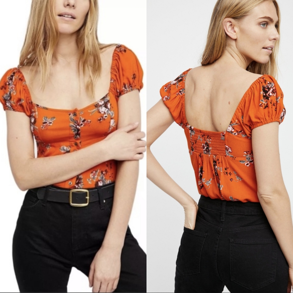 Free People Close To You Orange Floral Blouse Top
